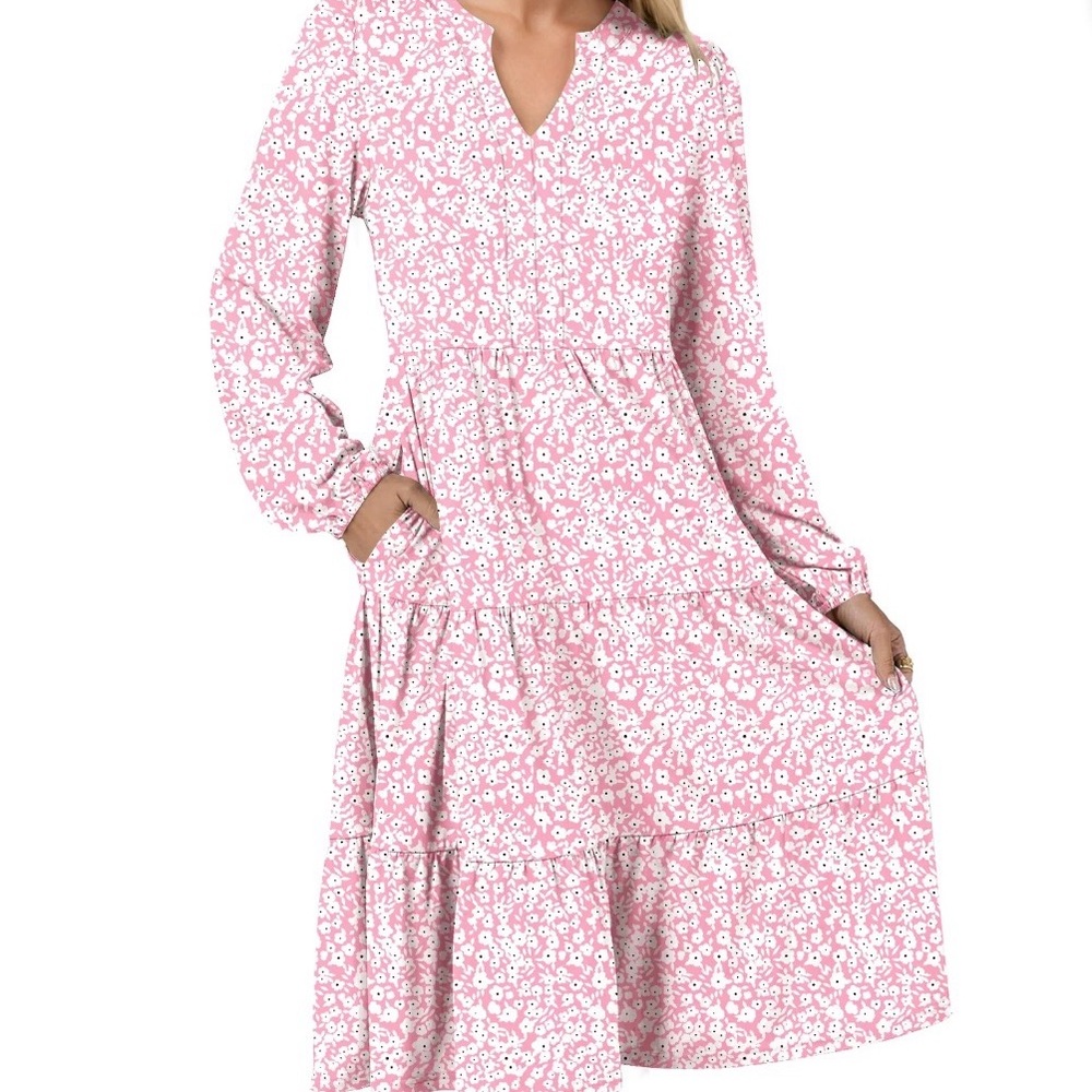 UVN Fall Tiered Dress with Pockets Long Sleeve Midi Casual Loose Flowy Pink